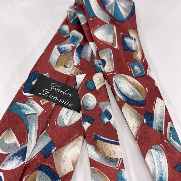 Carlos Tomasini - Red Multi Abstract Geometric Shapes Men’s Silk Necktie ⭐️ EUC - Picture 6 of 6